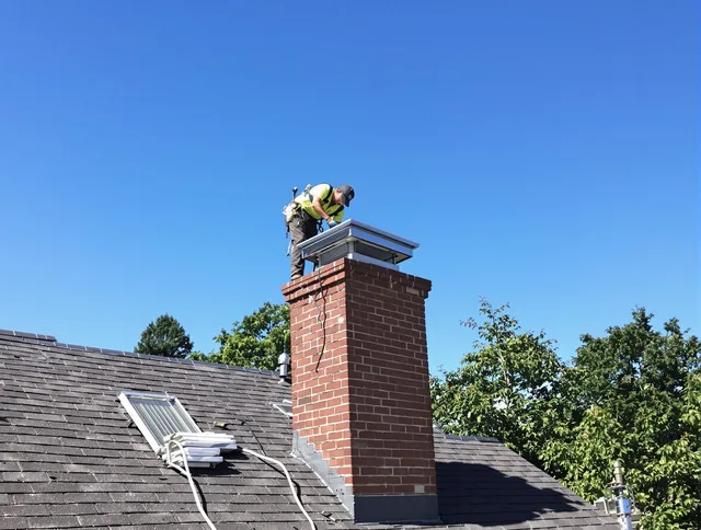 Fairview Park Chimney Sweep technician measuring a chimney cap in Fairview Park, OH