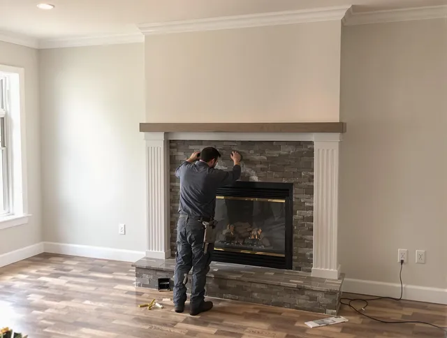 Fairview Park Chimney Sweep finishing a custom fireplace install in Fairview Park, OH
